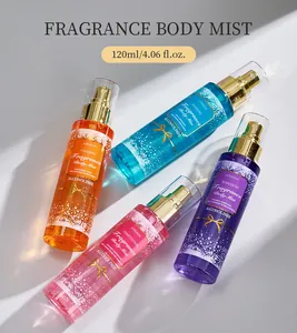 Detailed view of four colorful 120ml KORMESIC fragrance body mists on a bright surface