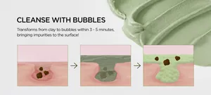 Diagram showing how green clay mask transforms into bubbles to deep cleanse skin pores