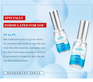 Detailed display of two 30ml deodorant spray bottles on a fresh blue bubble background.