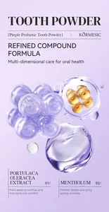 Vista detallada de los ingredientes del polvo dental probiótico, esferas 3D púrpuras