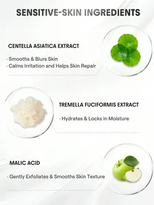 Detail view of sensitive skin primer ingredients including Centella and Malic Acid