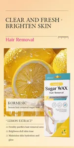 Detail view of KORMESIC lemon hair removal wax strips with extract benefits description
