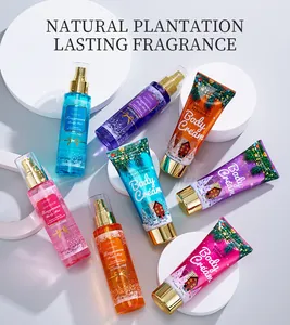 Detailed view of KORMESIC body cream and fragrance mist set on white pedestals