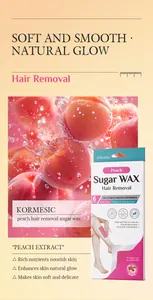 Detailed features of KORMESIC peach hair removal sugar wax strips packaging and use