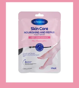 Detailed view of KORMESIC nourishing and repair foot mask packaging showing essence details