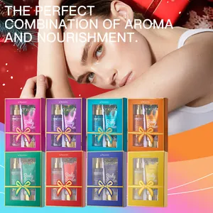 Holiday gift set featuring KORMESIC body cream and fragrance mist in vibrant packaging.