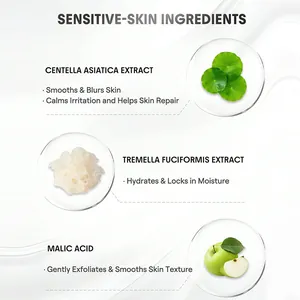 Ingredients of hydrating makeup primer for sensitive skin showing centella and malic acid.