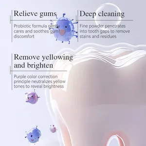 Polvo dental probiótico púrpura para limpieza profunda y blanqueamiento de los dientes.
