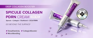 Macro detail of MARY & MAY Spicule Collagen PDRN Cream tubes on a purple background.