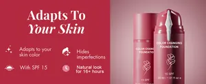 Δύο ροζ μπουκάλια Luxe color changing foundation με SPF 15 και λογότυπο τριαντάφυλλο.