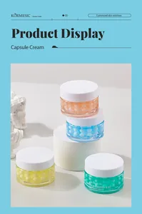Close-up of KORMESIC capsule cream jars with colorful collagen spheres.