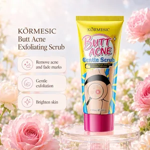 KORMESIC butt acne exfoliating scrub gentle skincare tube displayed in a lush rose garden