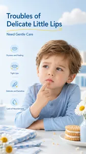 Toddler touching lips showing common dryness and sensitivity issues for gentle lip care