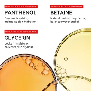 Men's salicylic acid scrub cleanser highlighting ingredients like Panthenol and Glycerin.