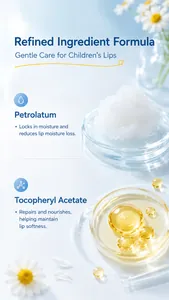 Detailed ingredients of children's lip balm showing petrolatum and tocopheryl acetate.