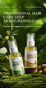 KORMESIC Olive and Argan hair care oil bottles in a lush green natural moss forest setting