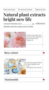 Vista detallada de ingredientes del jabón de rosa KORMESIC con extracto de rosa y niacinamida
