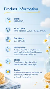 Detailed product information for KORMESIC kids lip balm showing usage and storage steps.