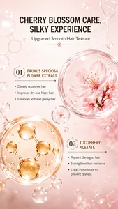 Détail montrant l'extrait de fleur de cerisier et la vitamine E pour les cheveux.