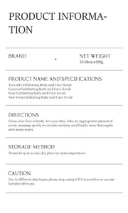 Detailed English product information for body and face scrub with usage instructions