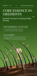 Detailed ingredient infographic for olive and argan hair oil showing core essence benefits