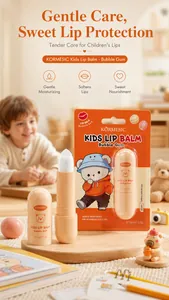 Detailed view of KORMESIC kids lip balm bubble gum featuring cute bear packaging art