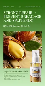 Close-up of KORMESIC Argan Oil hair care bottle with natural nuts and leaves on green background.