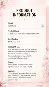 Fiche de détail de l'huile capillaire KORMESIC aux fleurs de cerisier pour cheveux