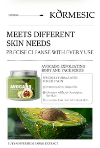 Avocado exfoliating body and face scrub details showing the jar and fresh extract