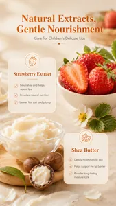 Close-up of KORMESIC kids lip balm natural ingredients including fresh strawberry and shea butter