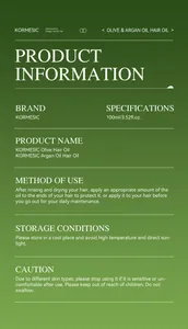 Detail sheet of KORMESIC Olive and Argan hair oil product information and usage instructions