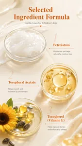 Detailed view of KORMESIC children lip balm ingredients like Vitamin E and Petrolatum