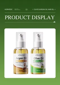 Detailed display of KORMESIC Argan and Olive hair oil bottles for deep nourishment