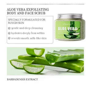 Close-up of Kormesic aloe vera exfoliating body and face scrub jar with fresh aloe