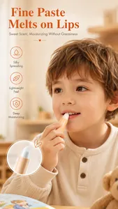 Detailed view of a young child using KORMESIC moisturizing lip balm with silky texture