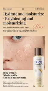 Close-up of KORMESIC Rice Whitening Revitalizing Essence Toner bottle and skin hydration effect