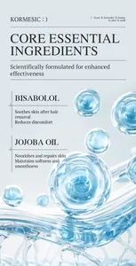 Detail of KORMESIC hair removal wax ingredients including jojoba oil and bisabolol.