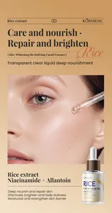 Detailed view of KORMESIC Rice Facial Essence showing skin application and 30ml bottle.