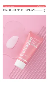Tubetto di maschera peel-off al collagene KORMESIC e texture liquida rosa su sfondo coordinato.