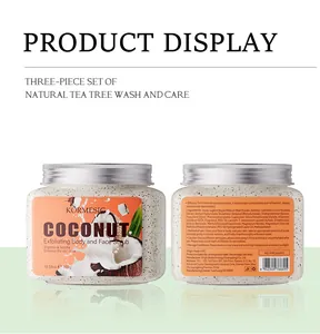 Detail view of KORMESIC coconut exfoliating body and face scrub front and back labels
