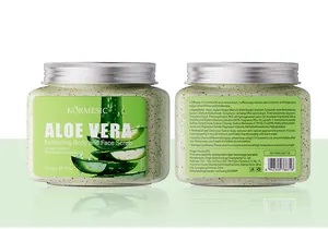 KORMESIC Aloe Vera exfoliating body and face scrub jar showing front and back labels