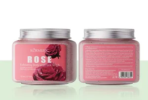 Detailed front and back views of KORMESIC Rose Exfoliating Body and Face Scrub jars
