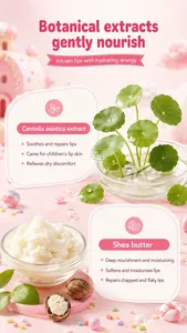 Close-up of Centella asiatica and shea butter ingredients in children's nourishing lip balm.