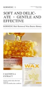 Detail view of KORMESIC honey hair removal wax beans featuring soothing calendula extract
