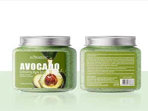 Close-up of KORMESIC Avocado Exfoliating Body and Face Scrub labels and texture