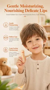 Child holding KORMESIC bubble gum scented moisturizing lip balm for delicate lips care