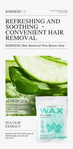 Close-up detail of KORMESIC hair removal wax beads packaging and aloe vera extract