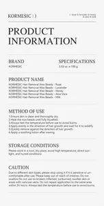 Detail page of KORMESIC hair removal wax beads showing usage instructions and specifications