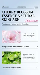 Detail view of KORMESIC facial cleanser showing cherry blossom and centella extracts