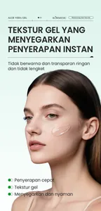 Macro view of transparent KORMESIC aloe vera gel applied on a woman's clear cheek for hydration